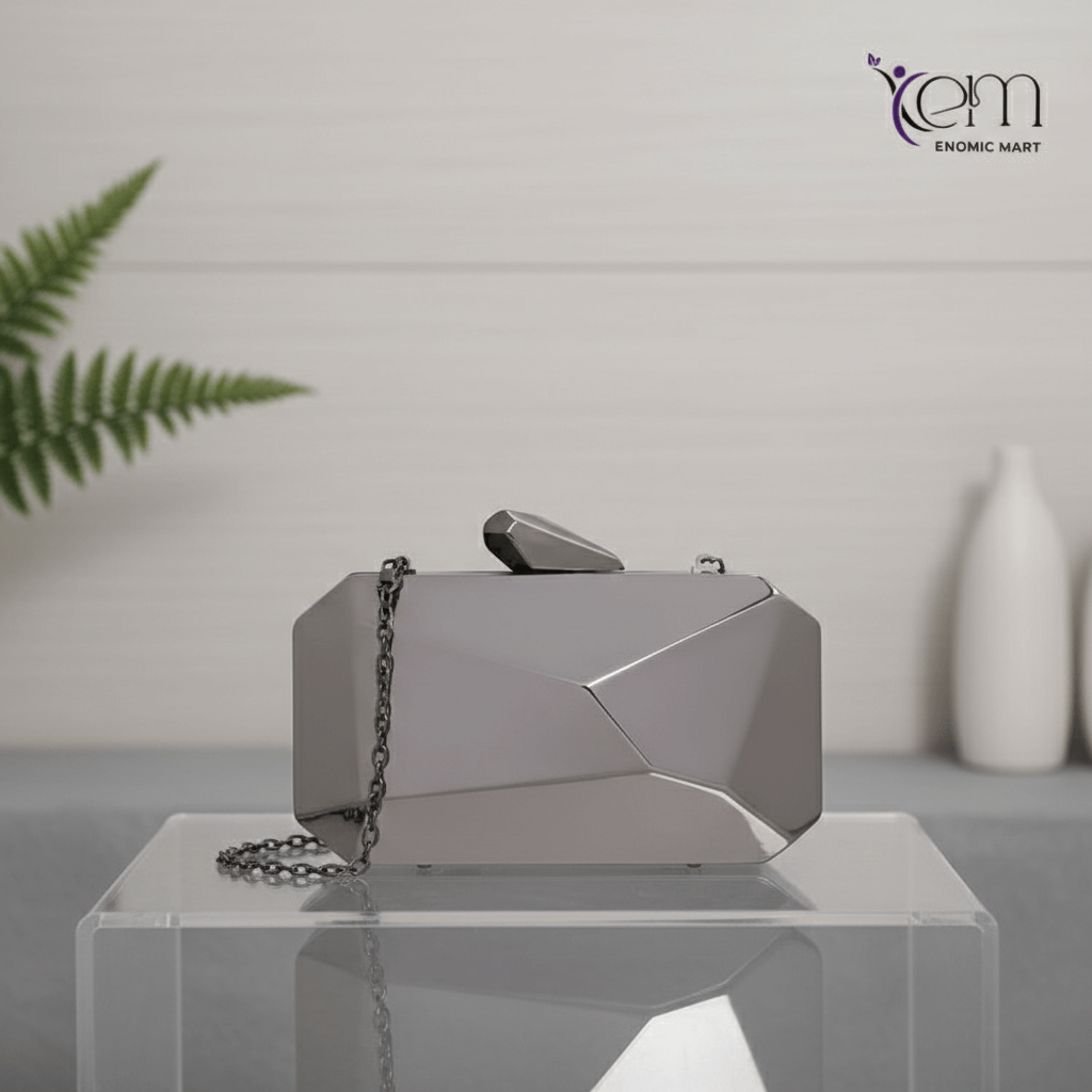 Fashion Sparkly Square Clutch Unique Women Lattice Pattern Metal Handbag Chain Geometric Evening Clutch Purse
