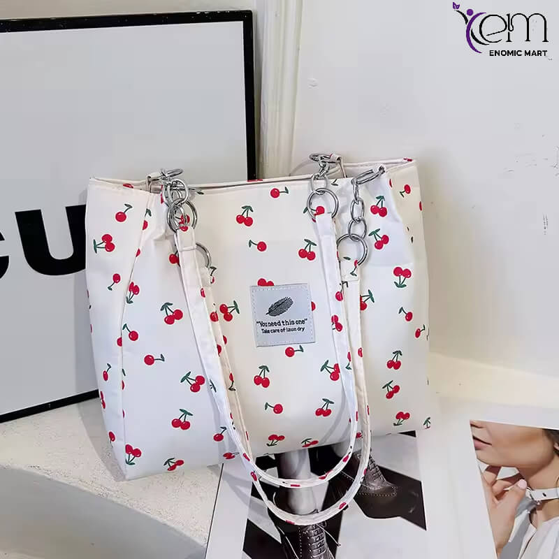 2025 Spring New Large Capacity Fresh Cherry Print Floral Tote Bag for Women Stylish Shoulder Bag Zip Closure Polyester Lining