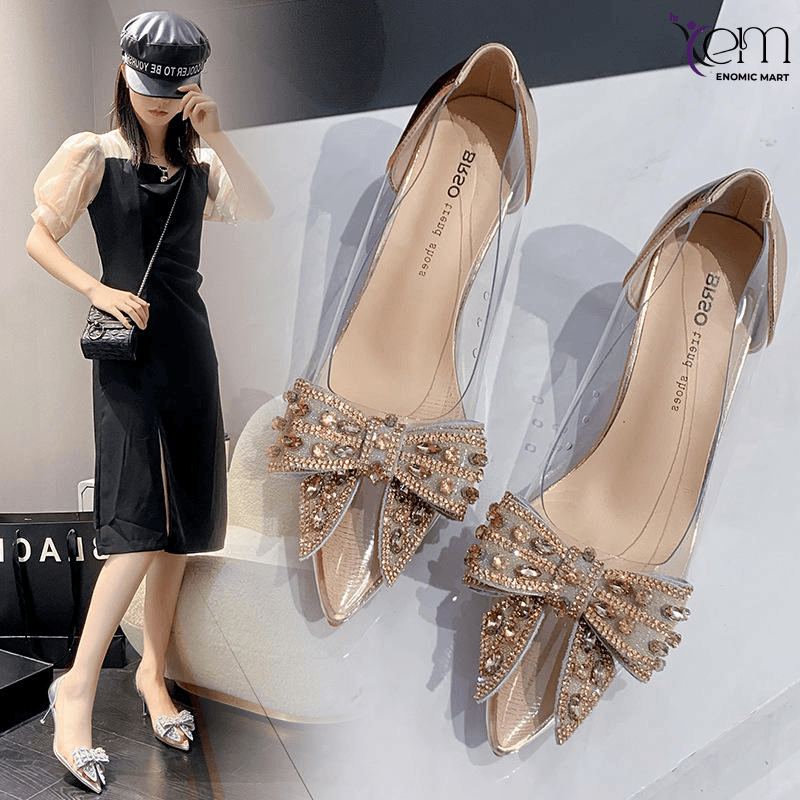 New Stiletto Rhinestone Bow Bridal Shoes Crystal Girl High Heels