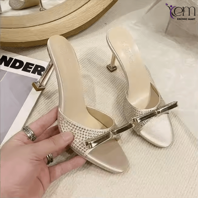 Summer Bow Rhinestone High Heels Sandals Slippers Women Open Toe Fashion Designer Sandals