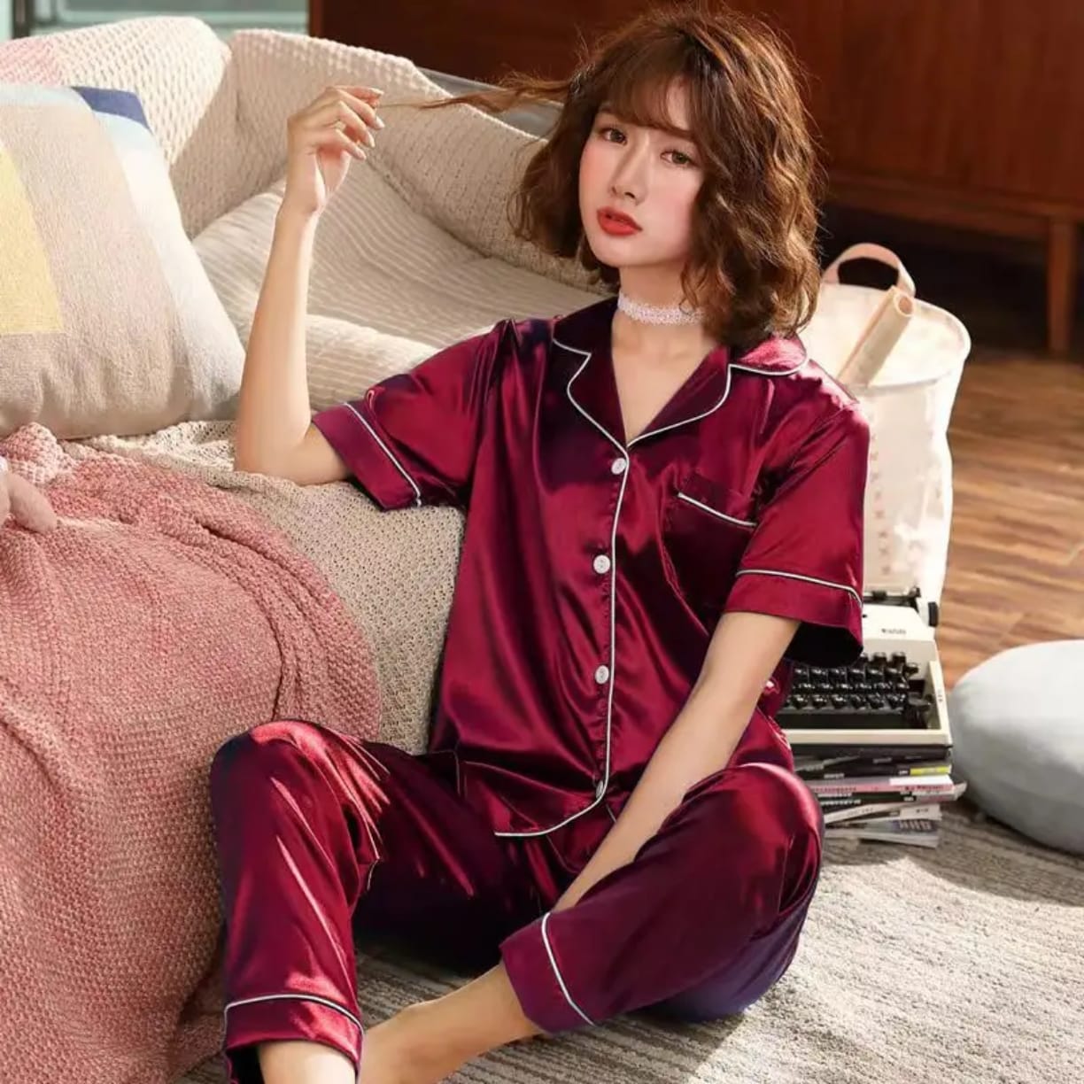 Short Sleeve Satin Sleepwear Set